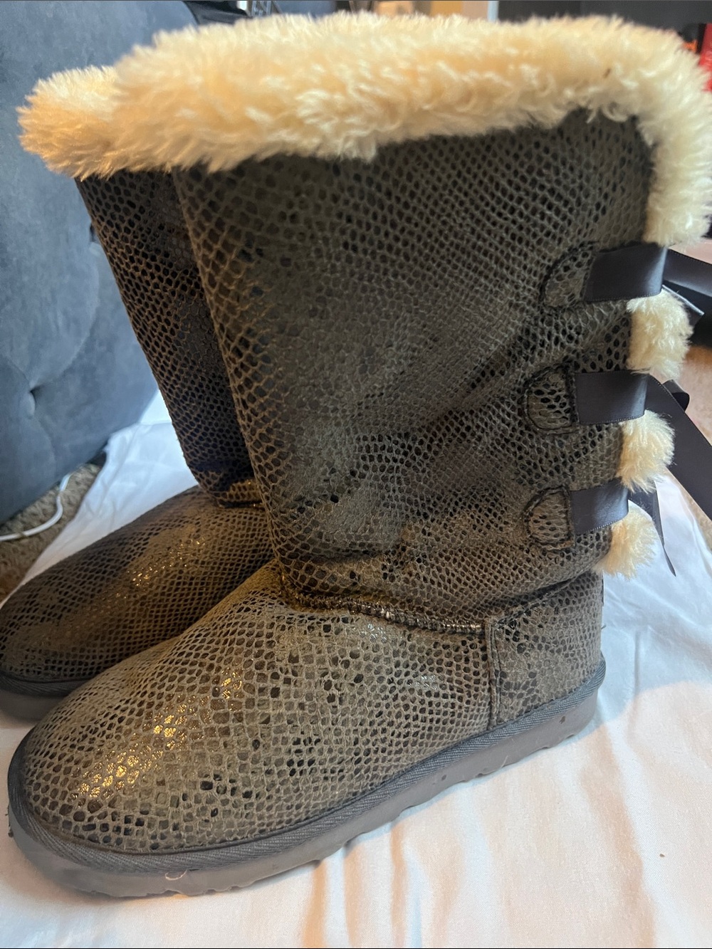 UGG GreyTextured (snake print) Shearling-Lined Ankle Boots with Bow Detail